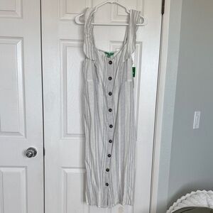 dip Light Gray and White Striped Midi Button-Front Dress